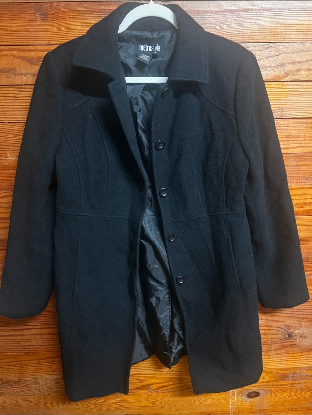 Metrostyle Women’s Size 10 Black 100% Wool Long Coat Tailored Button Front